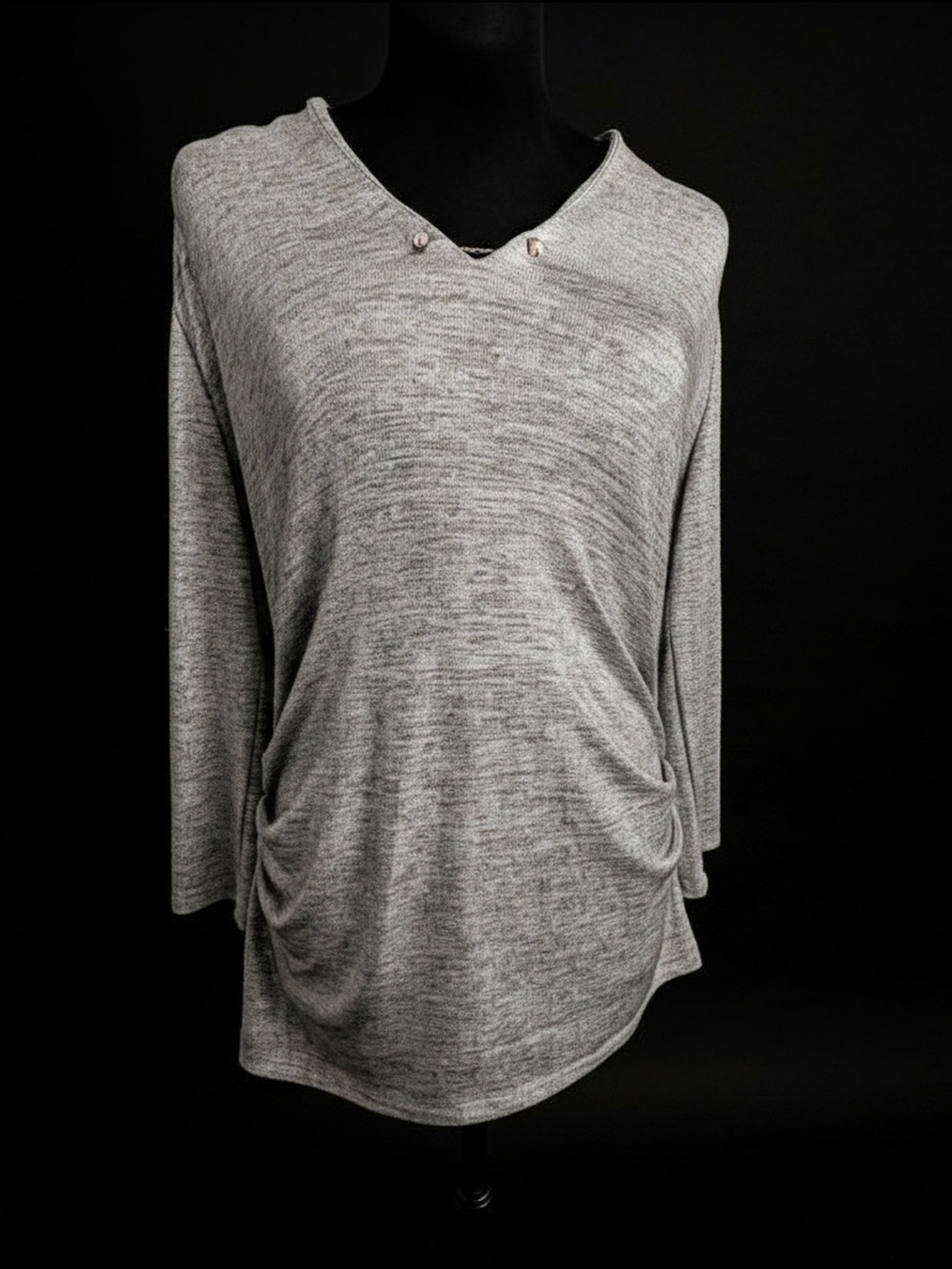 Women’s Heather Gray Long Sleeve Knit Top- Casual Draped Pocket Tunic Sz M (030)